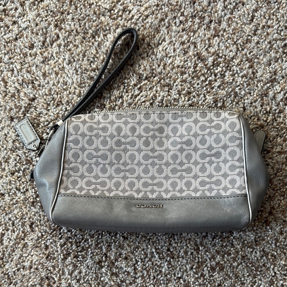 Coach Gray Silver Monogram Wristlet Clutch